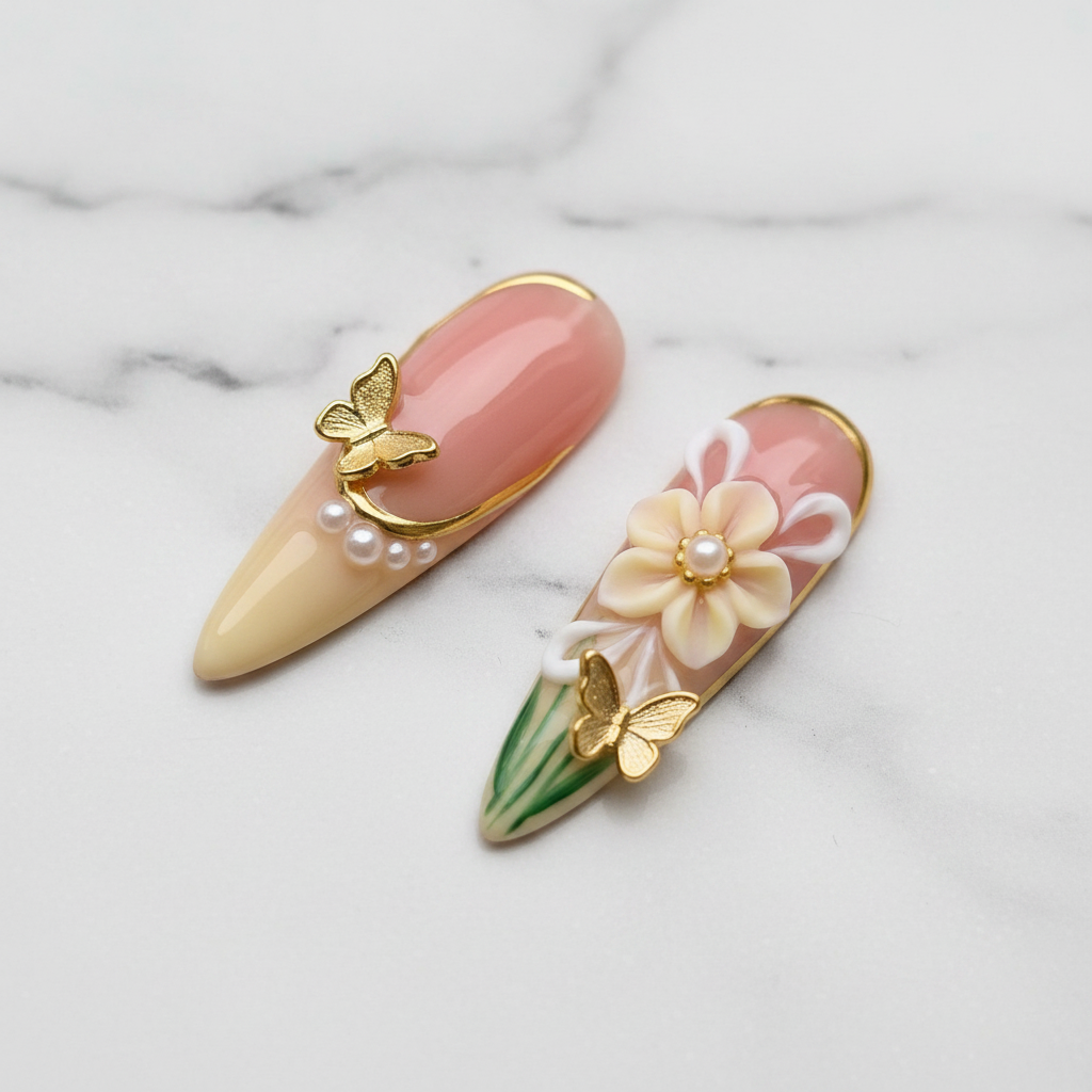 Macro yellow tulip 3D bow flower pearl custom press-on nails blush pink ombre — LuxepressCo