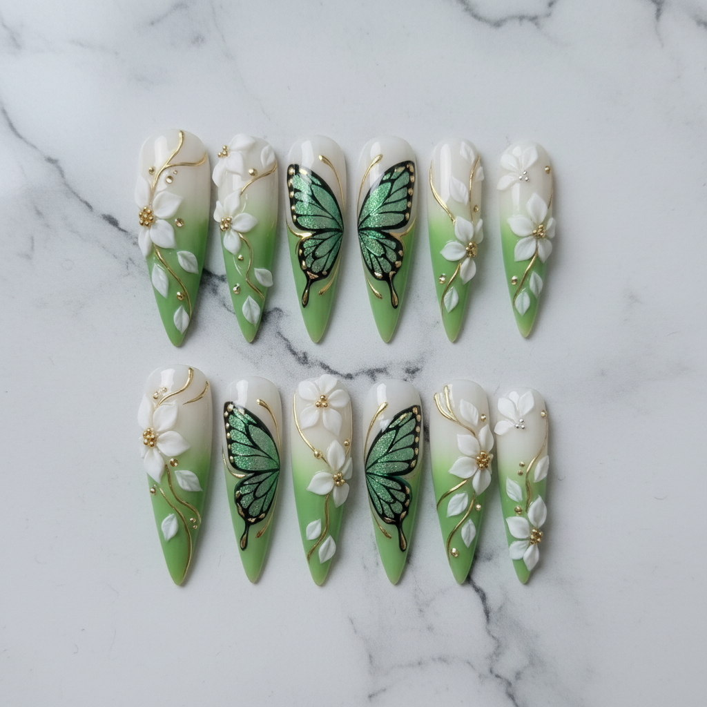 Flat lay top-down full set 10 green butterfly floral stiletto custom press-on nails marble — LuxepressCo