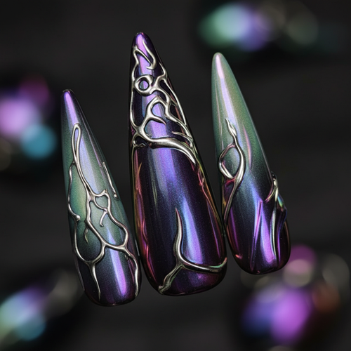 Macro close-up aurora chrome 3D sculptural silver metal vine custom press-on nails — LuxepressCo