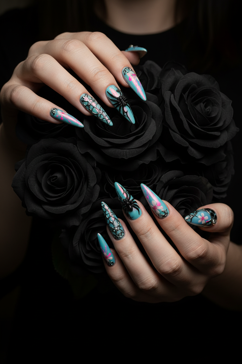 Light skin hands with teal chrome gothic spider stiletto reusable nails holding black roses — LuxepressCo