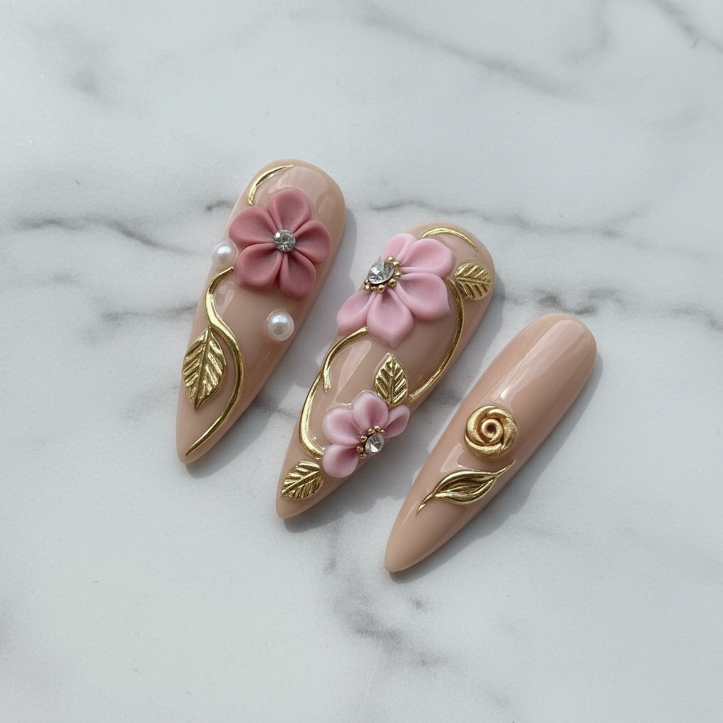 Close-up texture gloss 3D pink floral gold leaf custom press-on nails marble background — LuxepressCo