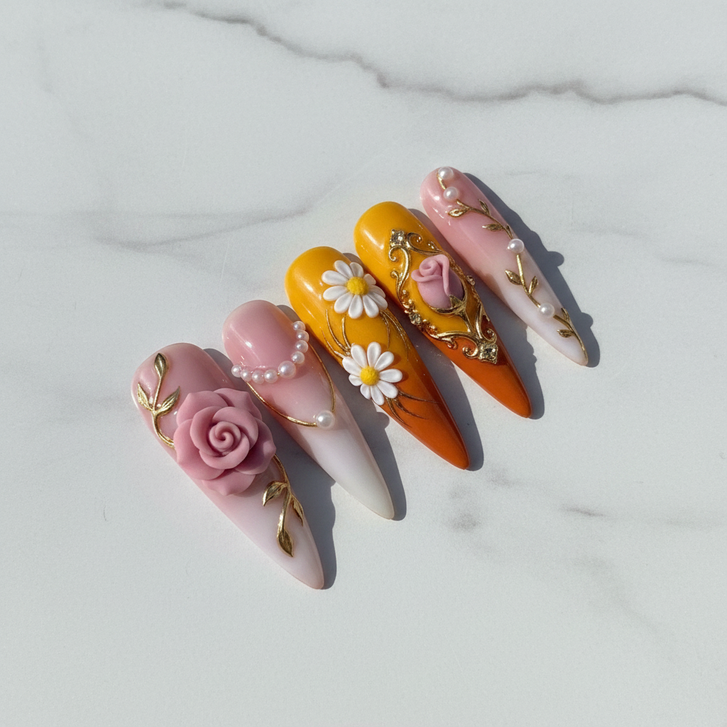 3D rose daisy gold baroque frame press-on nails hero shot white marble studio custom press-on nails — LuxepressCo