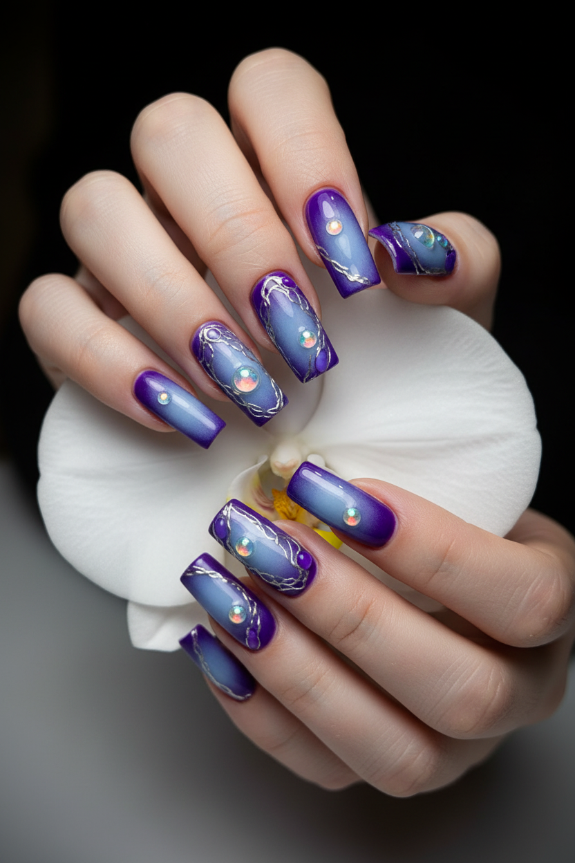 Fair-skin lifestyle blue purple ombre silver wire custom press-on nails holding orchid flower — LuxepressCo