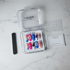 Luxury unboxing acrylic nail box with pink blue floral press-on nails and accessories — LuxepressCo