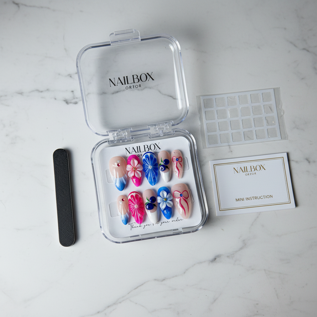 Luxury unboxing acrylic nail box with pink blue floral press-on nails and accessories — LuxepressCo