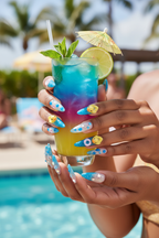 Dark-skin hands holding summer cocktail wearing jelly blue wave rubber duck pool float reusable press-on nails — LuxepressCo