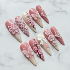 Full set 10 luxury 3D cherry blossom butterfly press-on nails on white marble background custom press-on nails pink pearl floral — LuxepressCo