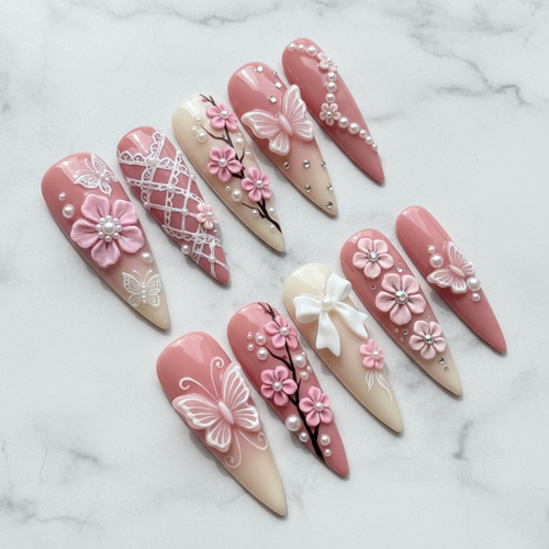 Full set 10 luxury 3D cherry blossom butterfly press-on nails on white marble background custom press-on nails pink pearl floral — LuxepressCo