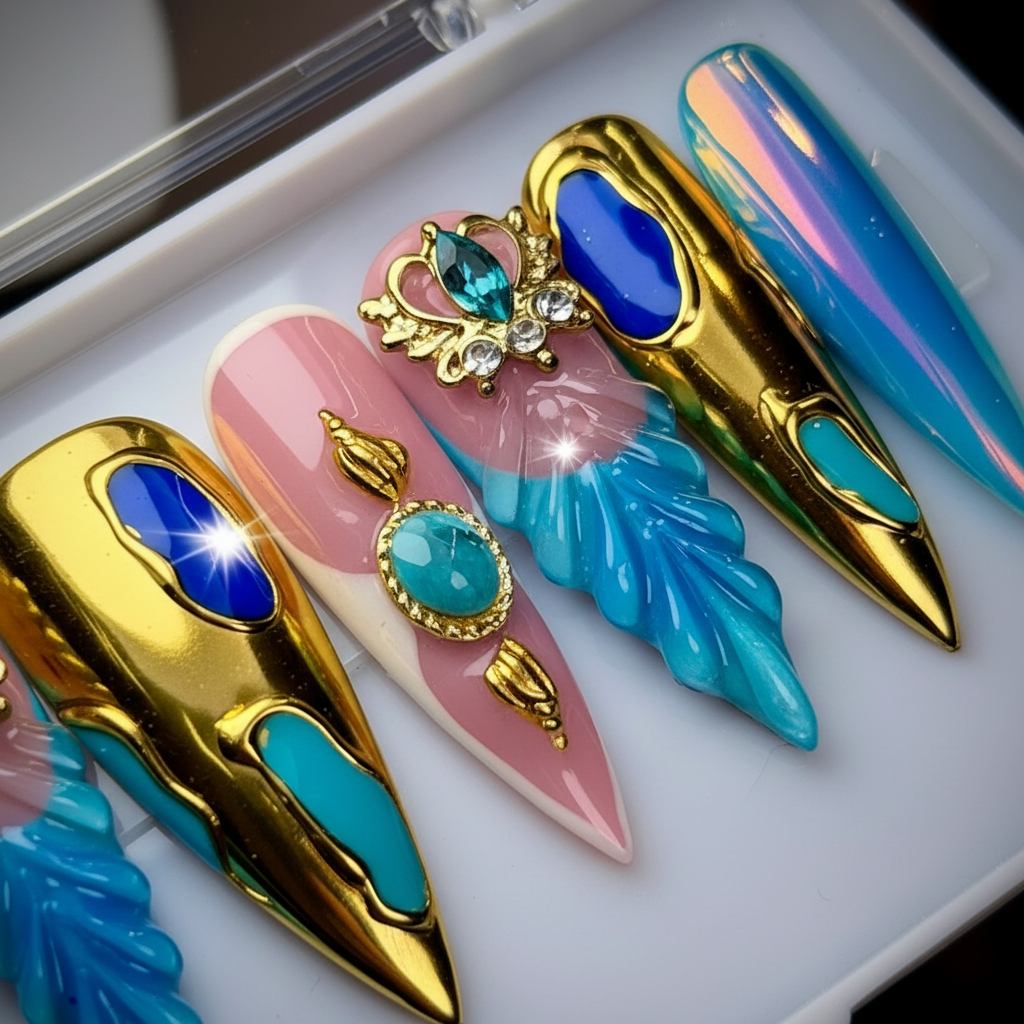 Macro close-up gold chrome sapphire gem inlay teal carved leaf 3D gold crown butterfly charm custom press-on nails stiletto — LuxepressCo