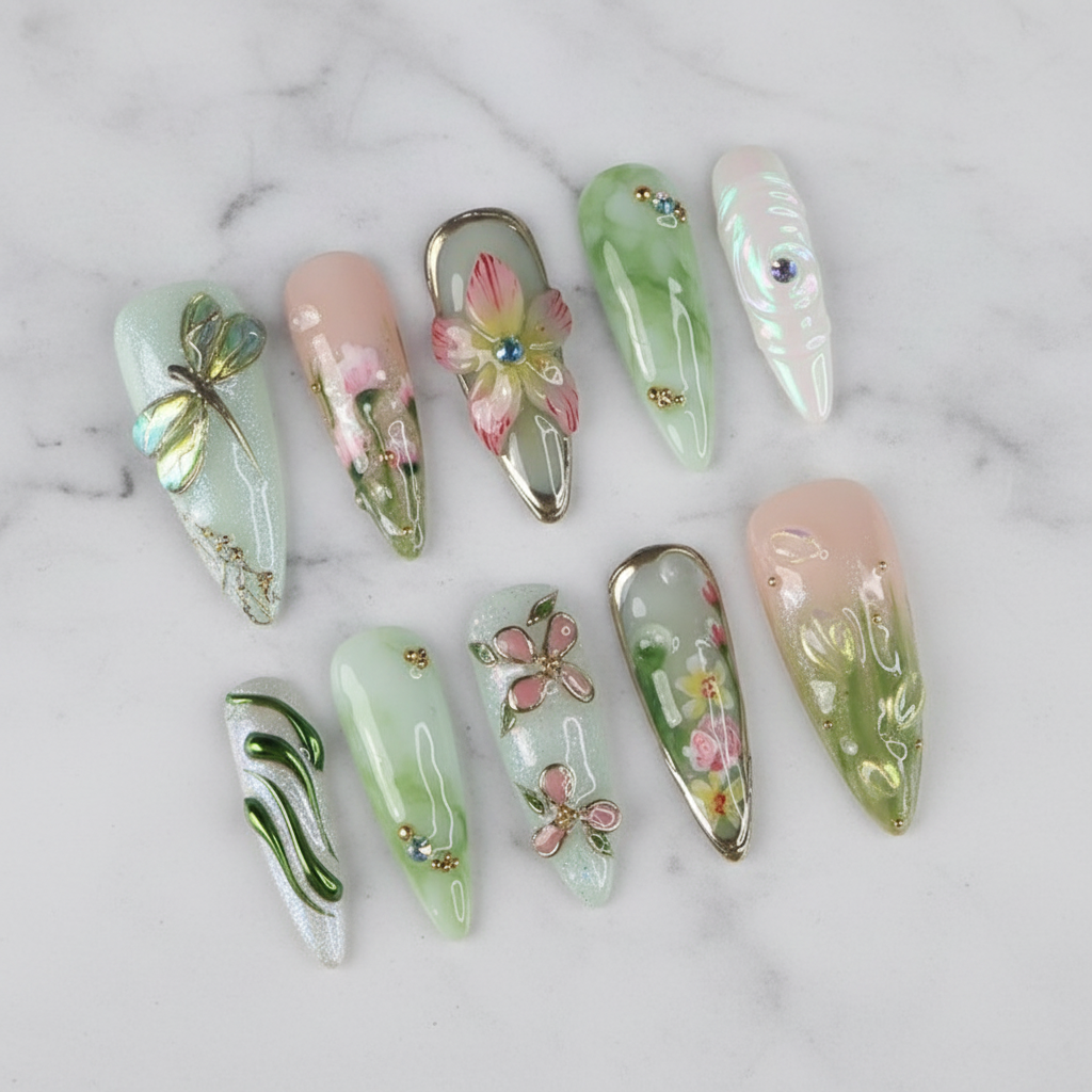 Sage green aurora dragonfly stiletto 3D gold botanical cherry blossom custom press-on nails full set on white marble — LuxepressCo
