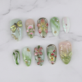 Sage green aurora dragonfly floral 3D gold botanical hand-painted custom press-on nails full set on white marble — LuxepressCo
