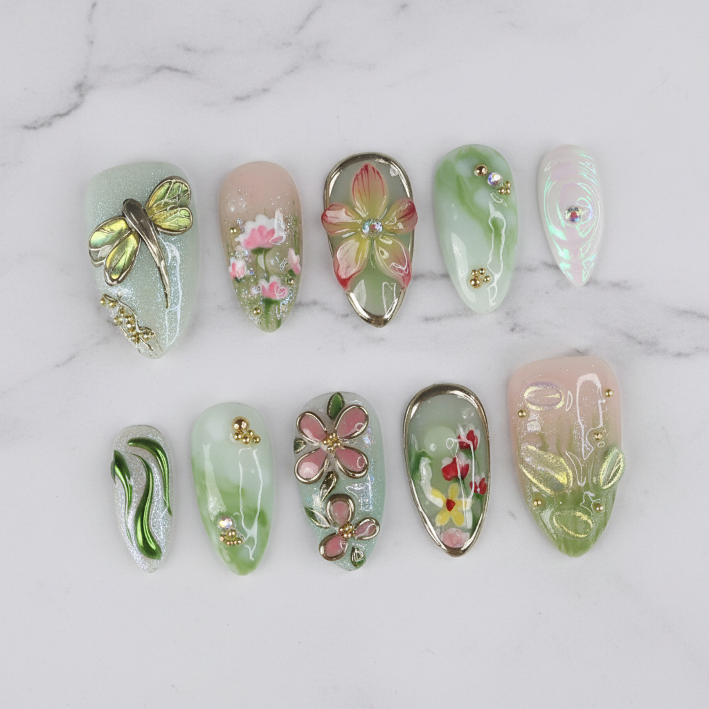 Sage green aurora dragonfly floral 3D gold botanical hand-painted custom press-on nails full set on white marble — LuxepressCo
