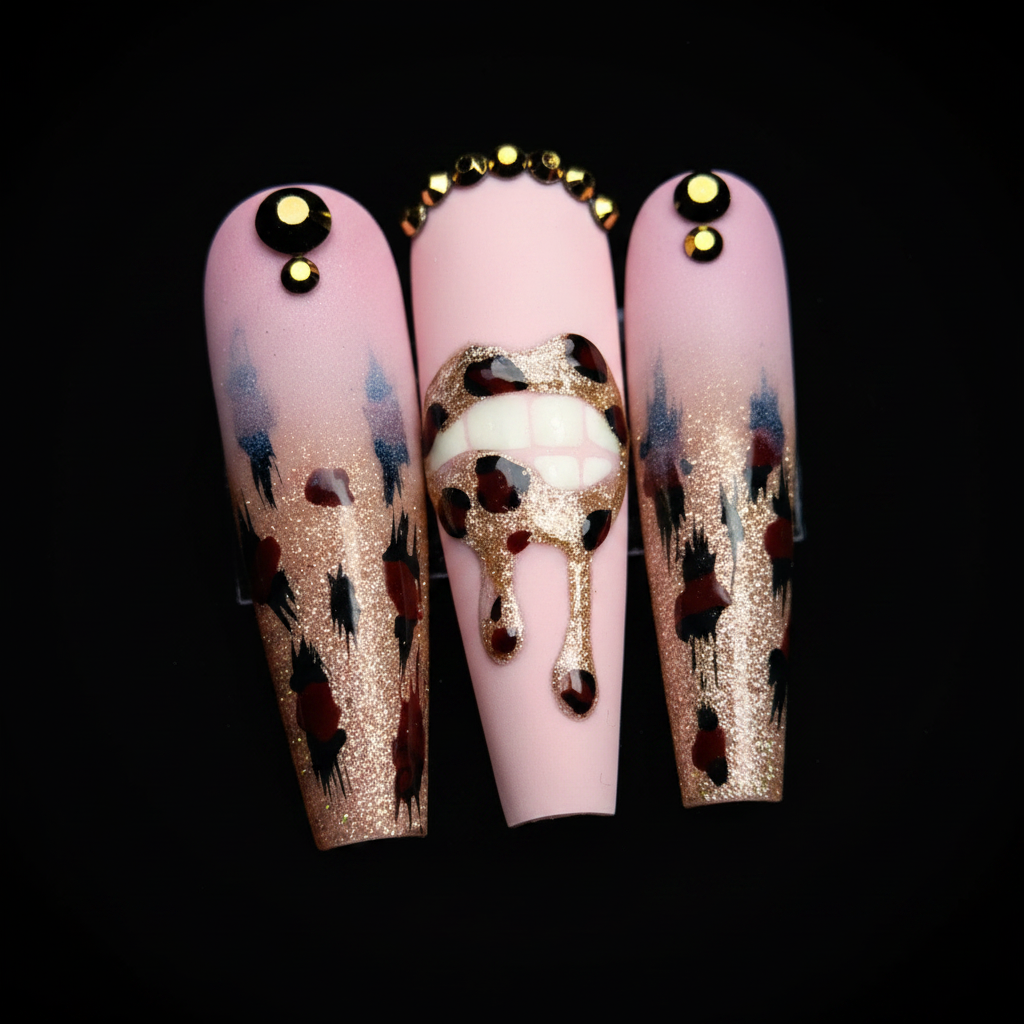 Macro close-up leopard cheetah spot rose gold glitter drip rhinestone gold chain custom press-on nails coffin — LuxepressCo