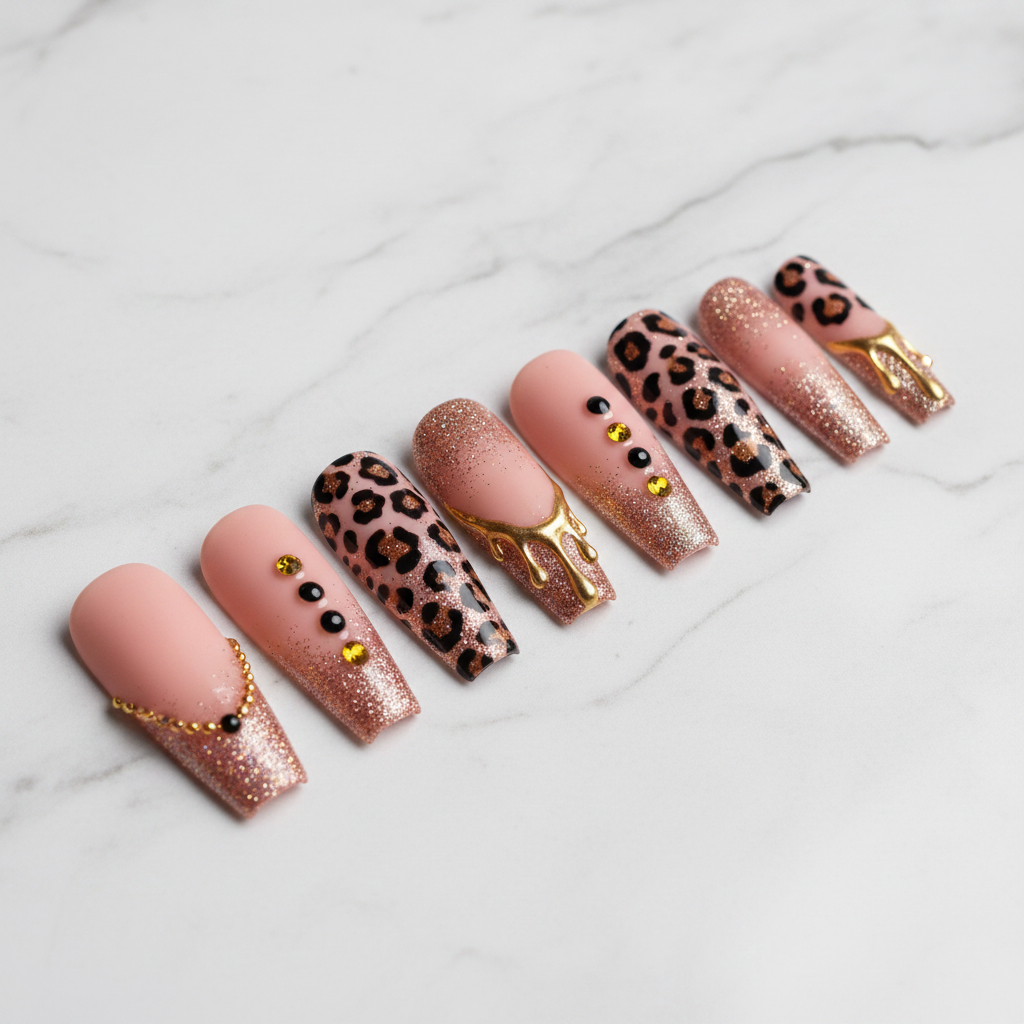 Pink leopard rose gold glitter drip art rhinestone gold chain custom press-on nails coffin full set on marble — LuxepressCo