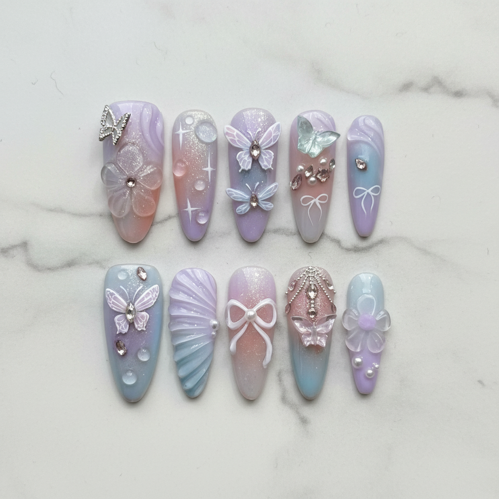 Flat lay top-down full set 10 custom press-on nails lavender purple butterfly bow rhinestone marble — LuxepressCo