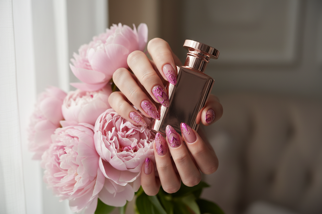 Light-skin European hands wearing pink chrome heart coquette custom press-on nails holding pink peonies — salon-quality nails lifestyle — LuxepressCo