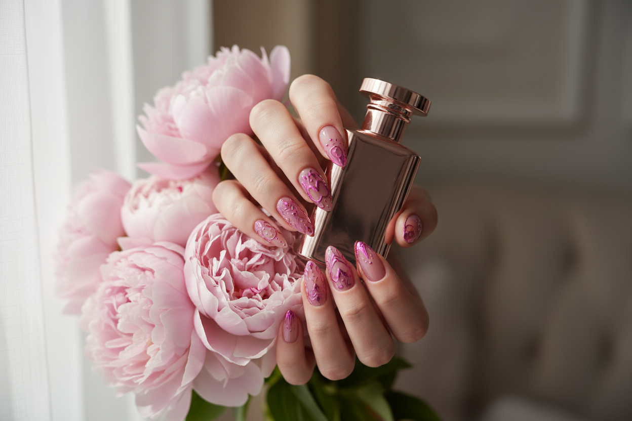 Light-skin European hands wearing pink chrome heart coquette custom press-on nails holding pink peonies — salon-quality nails lifestyle — LuxepressCo