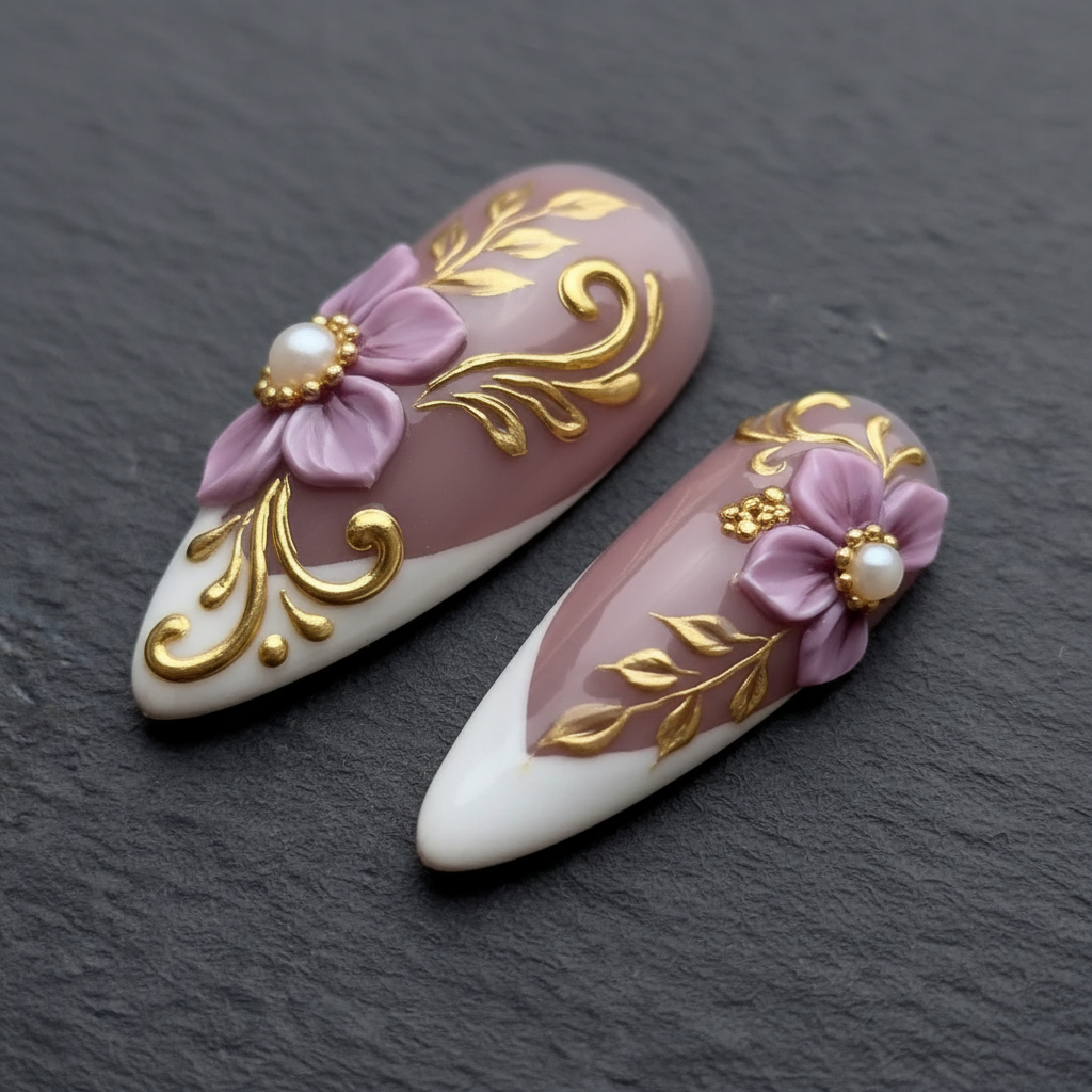 Macro gold filigree vine leaf charm pearl bead mauve French tip almond reusable nails marble background — LuxepressCo