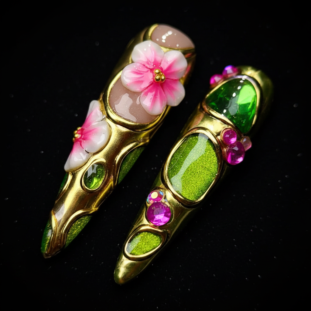 Macro close-up gold chrome armor green cat-eye panel 3D cherry blossom green gem gold spike custom press-on nails stiletto — LuxepressCo