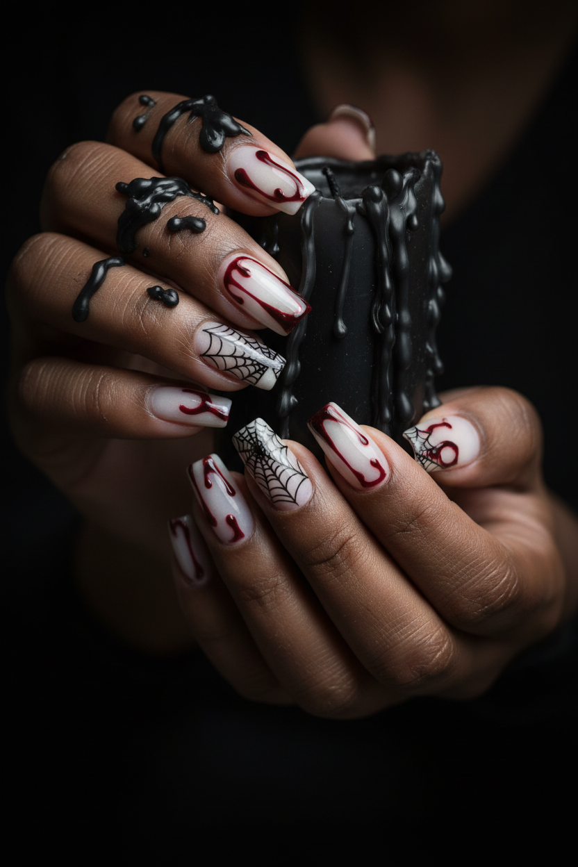 Dark-skin lifestyle Halloween blood drip spider web custom press-on nails holding black candle — LuxepressCo