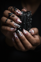 Dark-skin lifestyle Halloween blood drip spider web custom press-on nails holding black candle — LuxepressCo