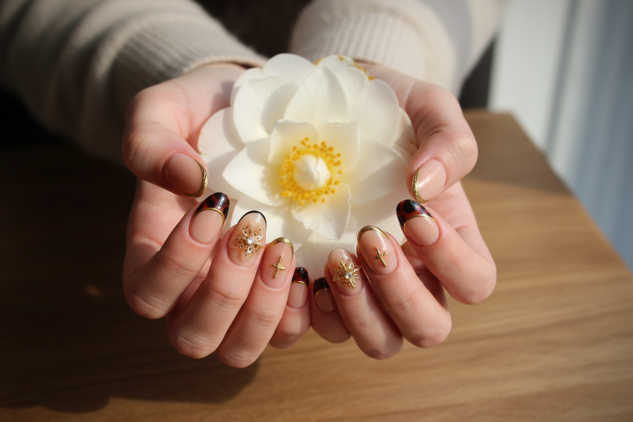 Light skin hands holding camellia flower wearing tortoiseshell gold snowflake reusable nails salon-quality — LuxepressCo