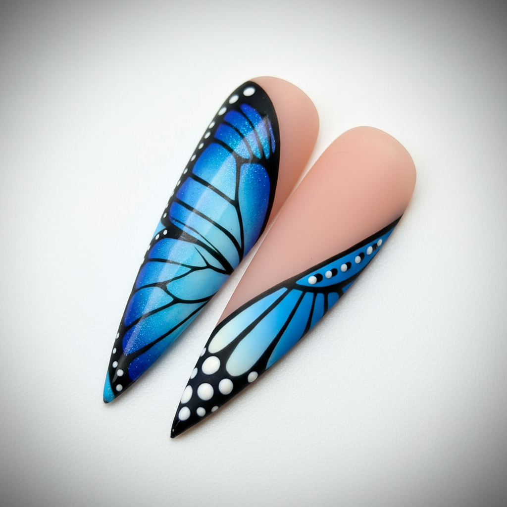 Macro close-up blue morpho butterfly wing cobalt ombre black vein white dot iridescent custom press-on nails stiletto — LuxepressCo