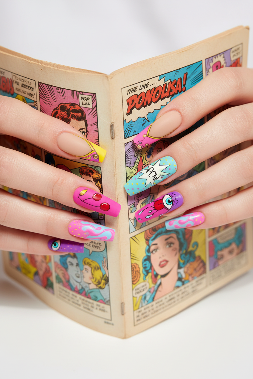 Fair-skin lifestyle pop art comic POW lips cherry Y2K custom press-on nails holding comic book — LuxepressCo