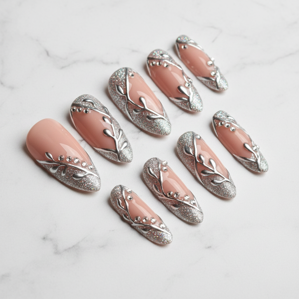 Silver chrome botanical vine leaf custom press-on nails nude bridal studio hero full set white marble — LuxepressCo