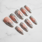 Silver chrome botanical vine leaf custom press-on nails nude bridal studio hero full set white marble — LuxepressCo