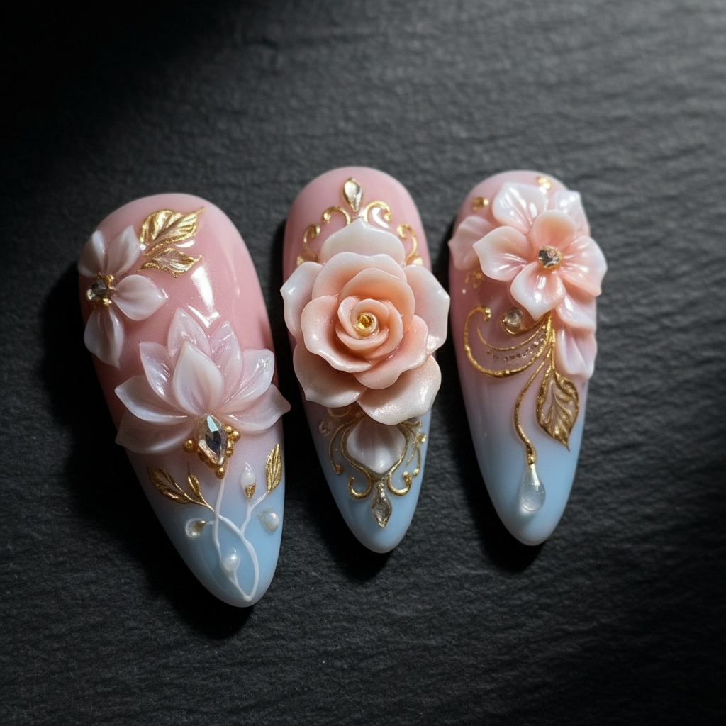 Close-up 3D sculpted rose and floral custom press-on nails with gold leaf rhinestone dramatic lighting — LuxepressCo