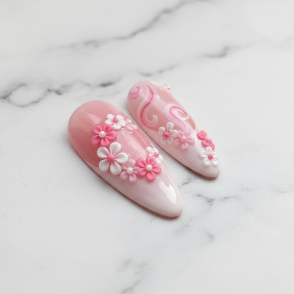 Macro 3D cherry blossom flower garland pearl center pink swirl wave almond reusable nails marble — LuxepressCo