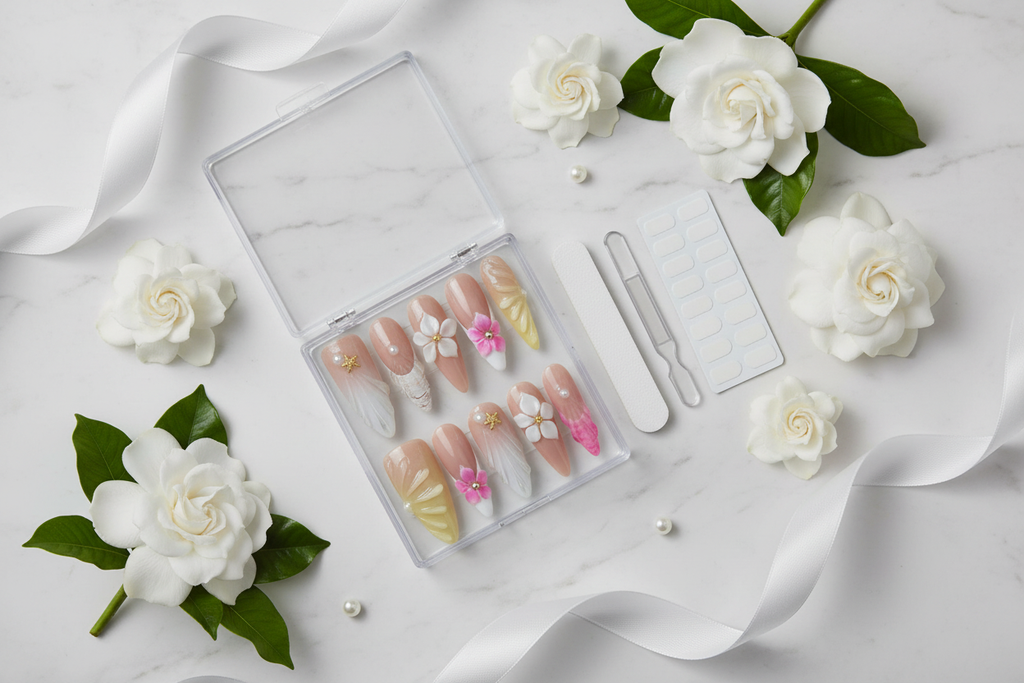 Luxury acrylic box unboxing nude aurora shimmer 3D plumeria gold starfish almond custom press-on nails with accessories — LuxepressCo