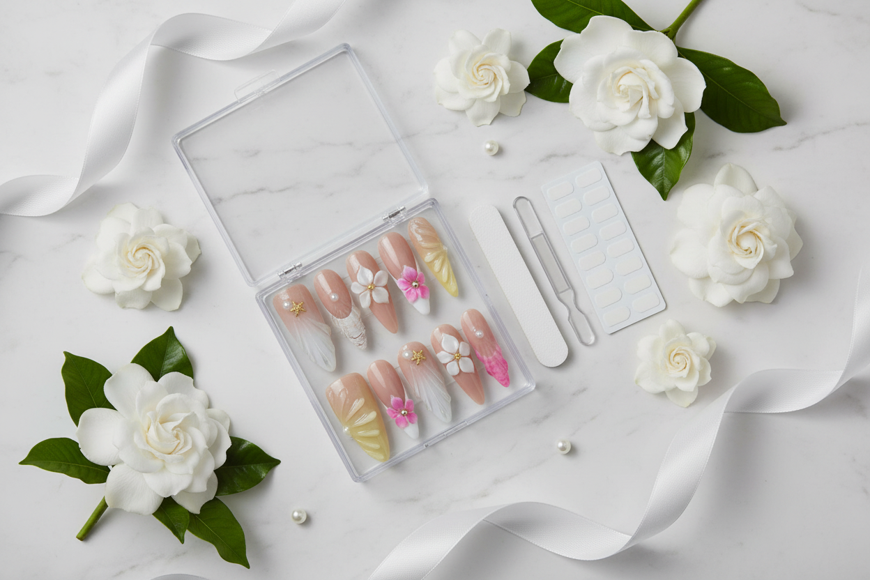 Luxury acrylic box unboxing nude aurora shimmer 3D plumeria gold starfish almond custom press-on nails with accessories — LuxepressCo