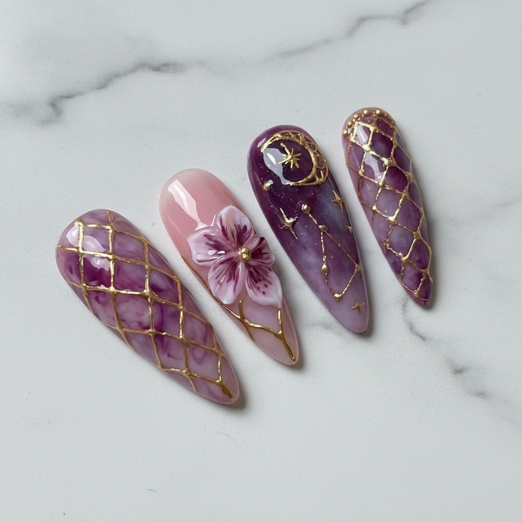 Macro close-up purple marble gold lattice reusable nails texture and shine — LuxepressCo