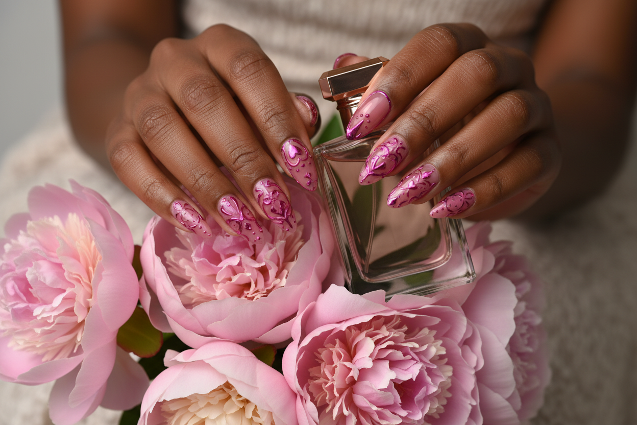 Dark-skin European hands wearing pink chrome heart coquette custom press-on nails holding pink peonies — inclusive reusable nails lifestyle — LuxepressCo