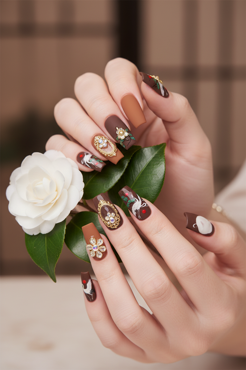 Fair-skin lifestyle Japanese crane art brown gold frame custom press-on nails holding camellia branch — LuxepressCo