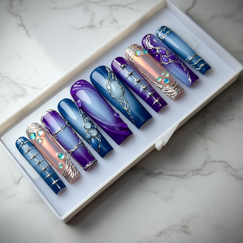 Blue purple ombre silver wire filigree 3D aurora gems custom press-on nails full set on marble — LuxepressCo
