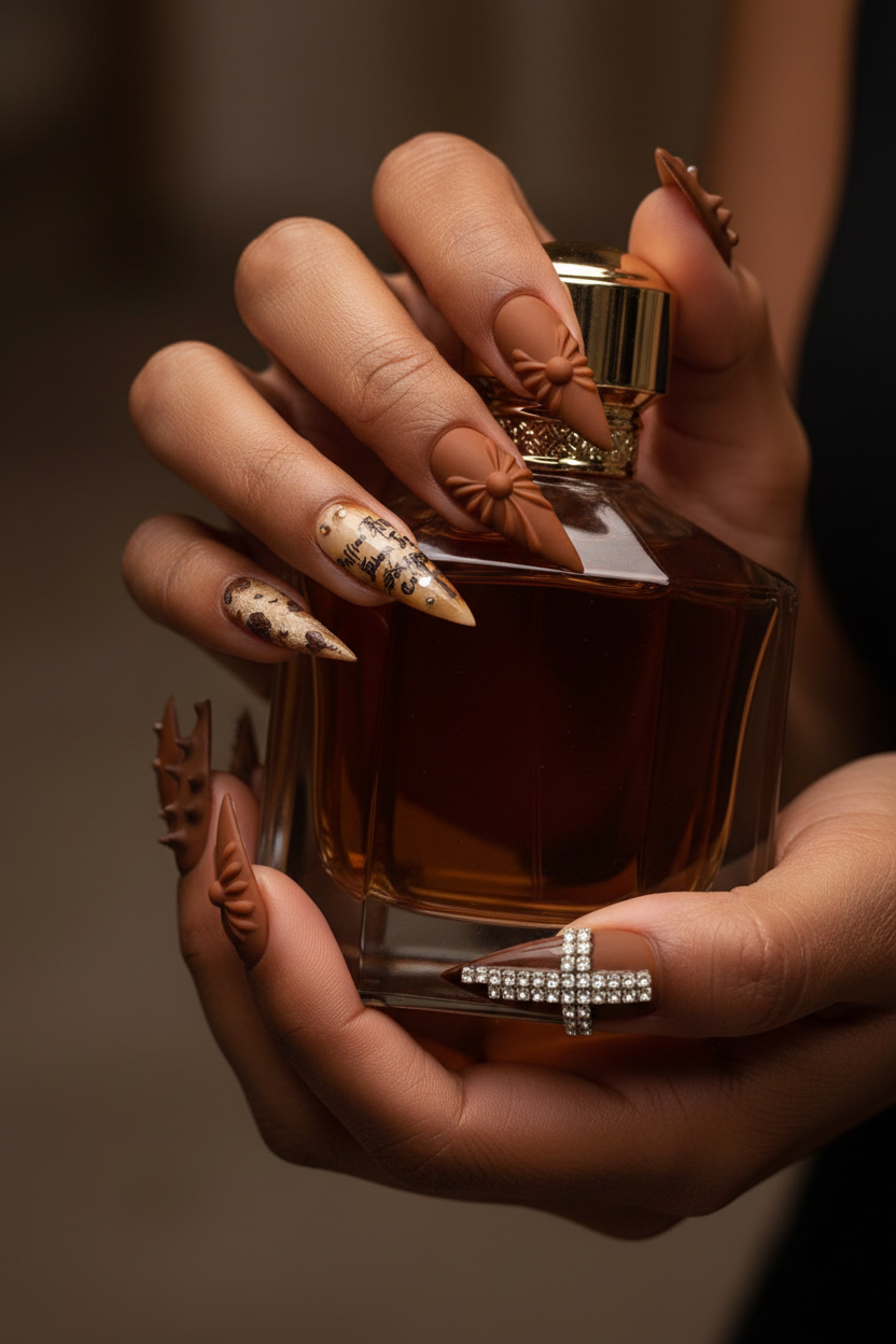 Dark skin hands with 3D bow brown salon-quality press-on nails holding perfume bottle — LuxepressCo