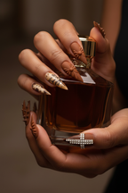 Dark skin hands with 3D bow brown salon-quality press-on nails holding perfume bottle — LuxepressCo
