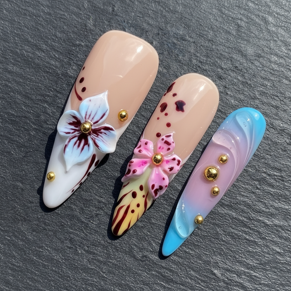 Close-up 3D orchid flower custom press-on nails nude blue gradient gold beads dramatic lighting — LuxepressCo