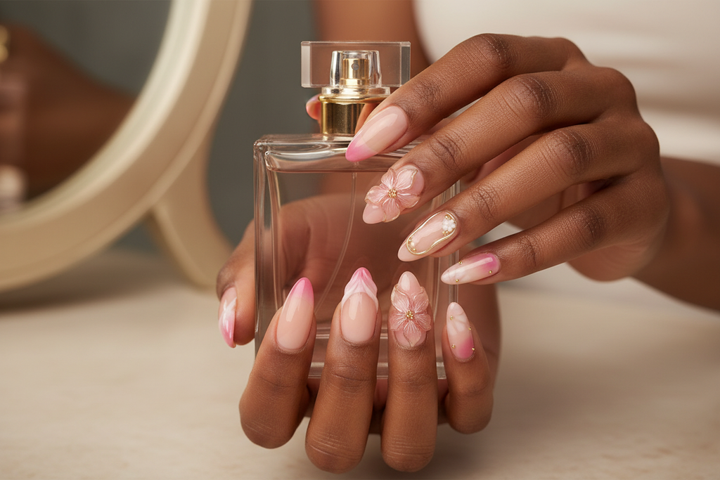 Dark-skin hands wearing pink ombre chiffon flower gold oval frame pearl custom press-on nails holding perfume — LuxepressCo