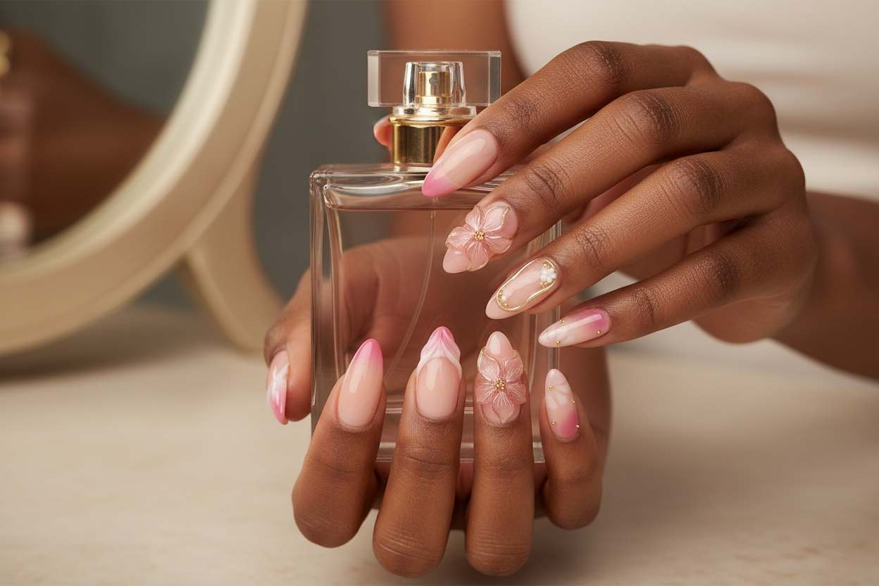 Dark-skin hands wearing pink ombre chiffon flower gold oval frame pearl custom press-on nails holding perfume — LuxepressCo