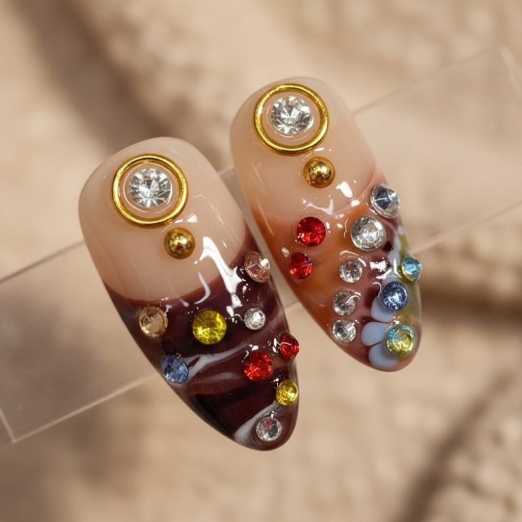 Macro close-up nude tortoiseshell marble gold circle charm multicolor rhinestone salon-quality press-on nails — LuxepressCo