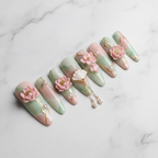 Full set 10 jade green lotus 3D press-on nails white marble studio hero shot custom press-on nails — LuxepressCo