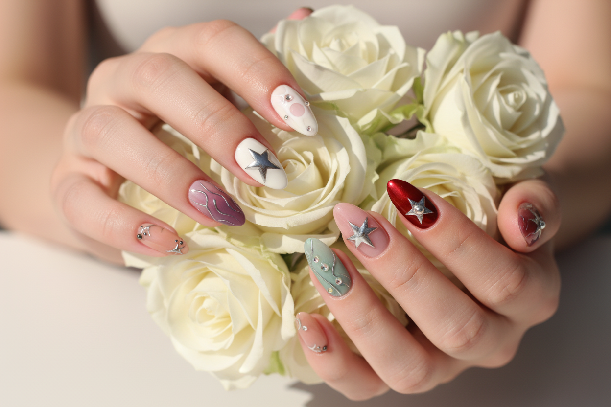 Fair-skin hands wearing silver star chrome custom press-on nails holding white roses — LuxepressCo