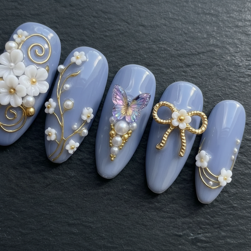 Close-up macro 3D white acrylic flowers gold swirl iridescent butterfly pearl custom press-on nails periwinkle blue — LuxepressCo