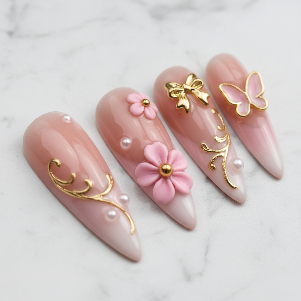 Close-up gold bow butterfly charm salon-quality reusable nails nude pink stiletto glossy texture — LuxepressCo