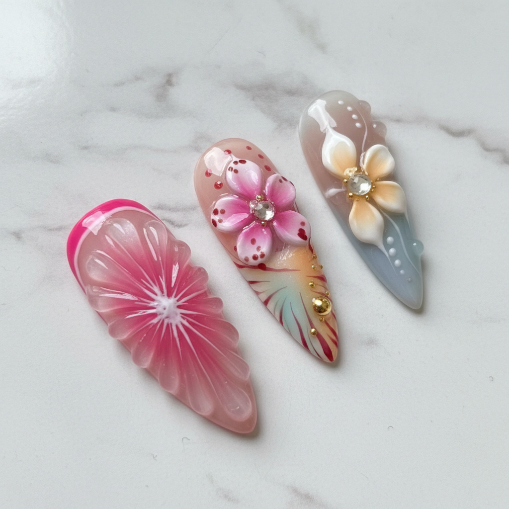 Close-up luxury press-on nails 3D white cream flowers gold micro beads iridescent pearl ombre almond — LuxepressCo