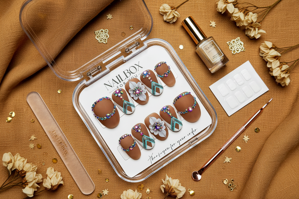 Luxury unboxing acrylic box brown rhinestone boho press-on nails with accessories on caramel linen — LuxepressCo